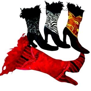 Vintage Early 2000’S High Heel Boot CHRISTMAS Stockings Decor Fabric Feather X 4